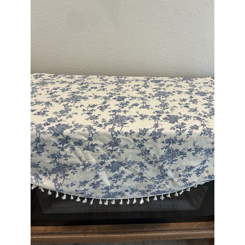 Linen Round Table Cloth Beige With Blue Floral Print 46” Diameter Tassles